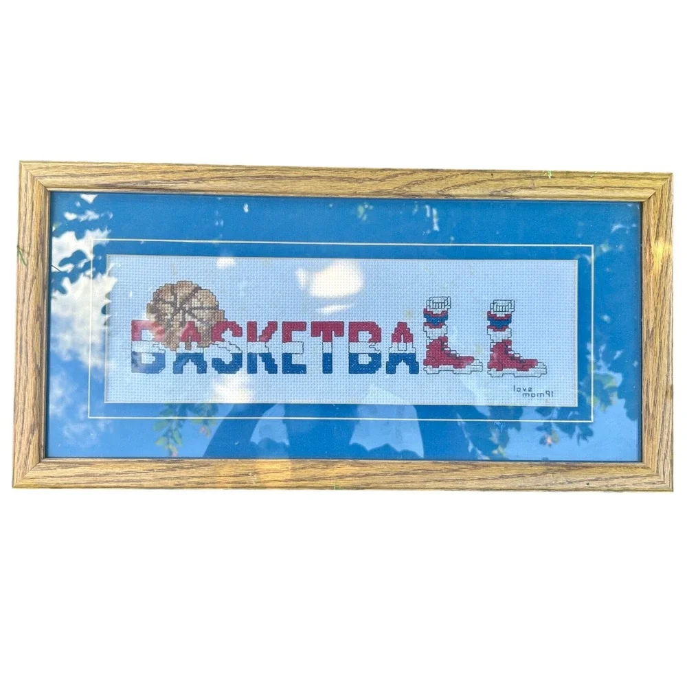 Handmade Basketball Cross Stitch Framed Art 16x8 Blue Red Wood 90s Vintage‎ Good